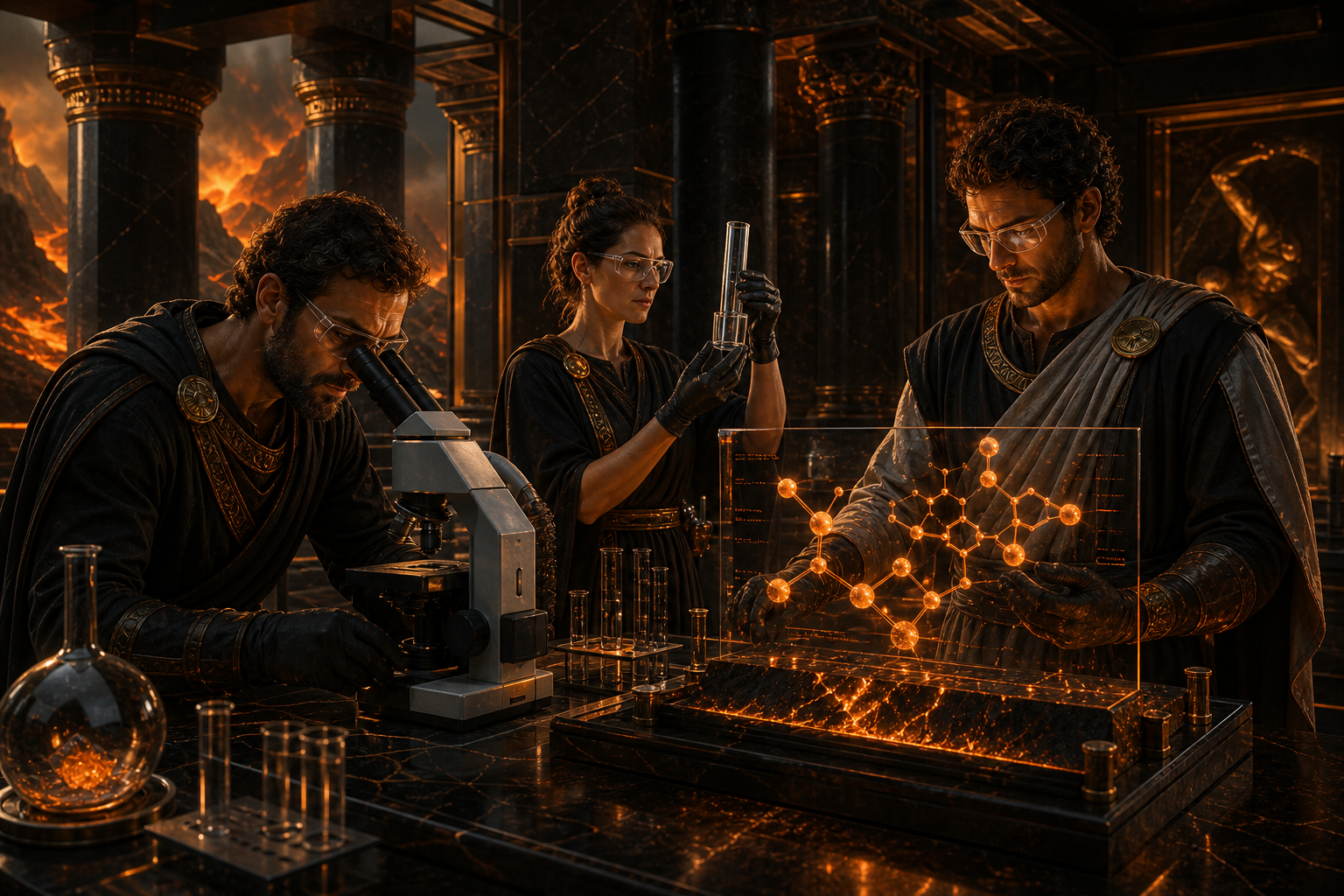 Researchers working in a modern laboratory inspired by classical Olympus